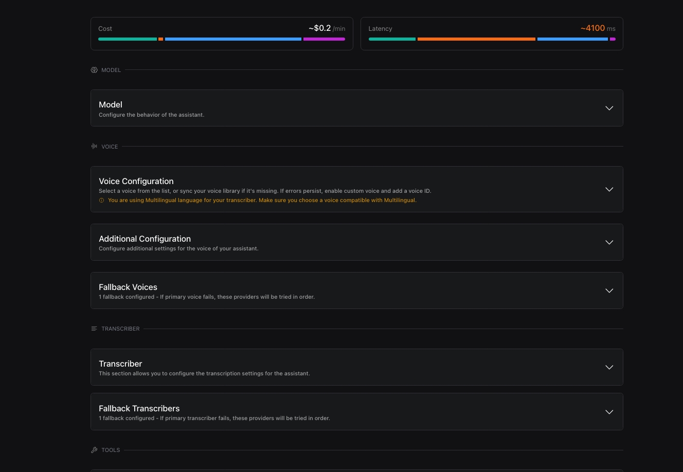 VAPI dashboard interface showing AI voice agent call logs, performance metrics, and configuration settings
