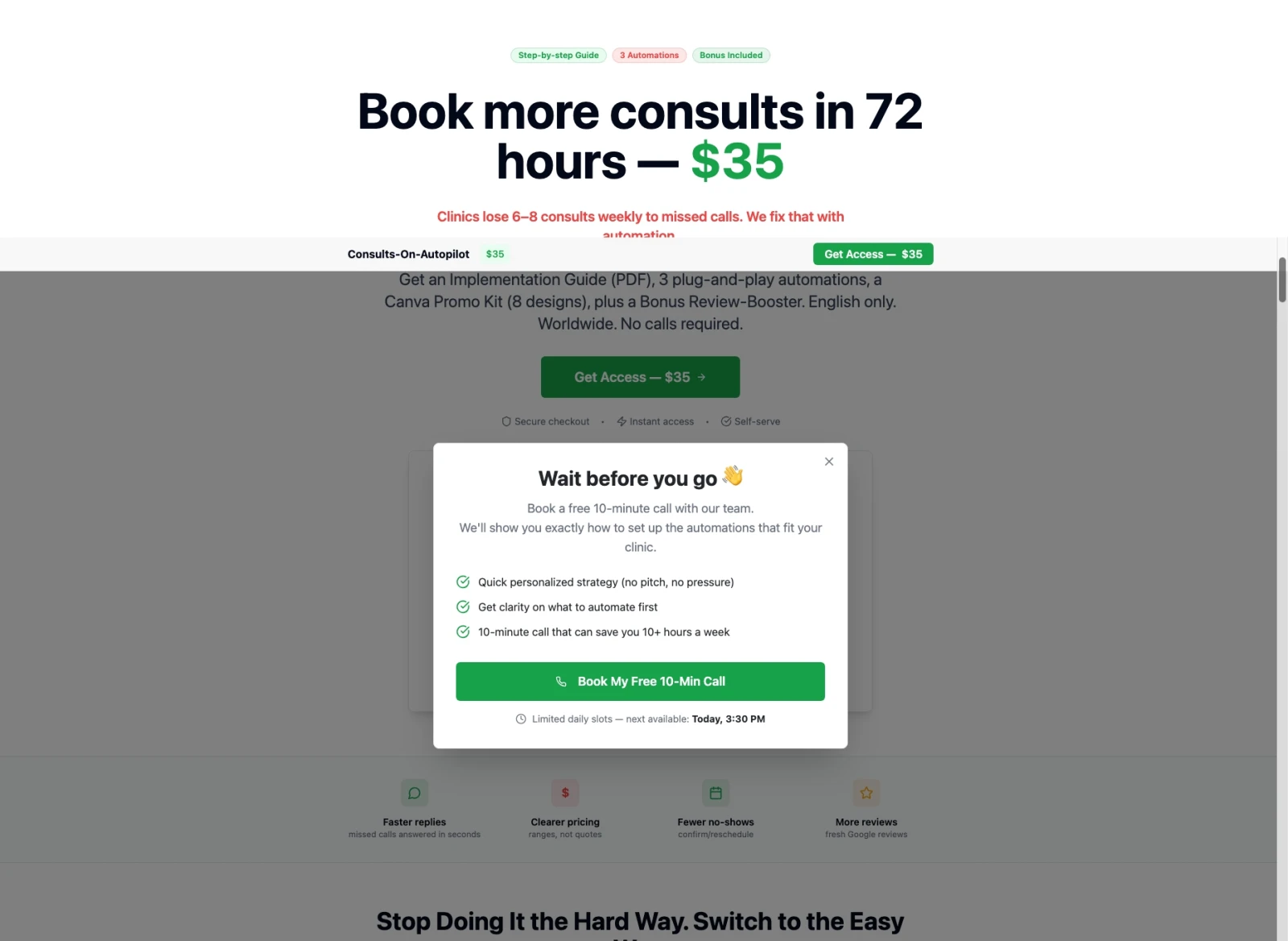 Exit popup showing "Wait before you go" with Book My Free 10-Min Call button