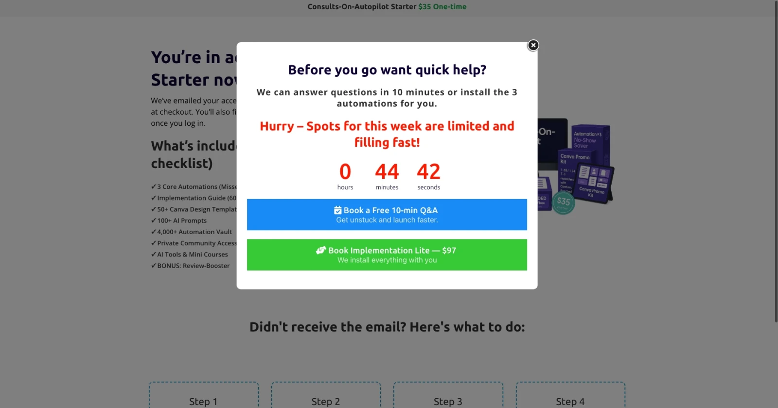 Post-purchase popup showing "Before you go want quick help?" with countdown timer and two CTA buttons