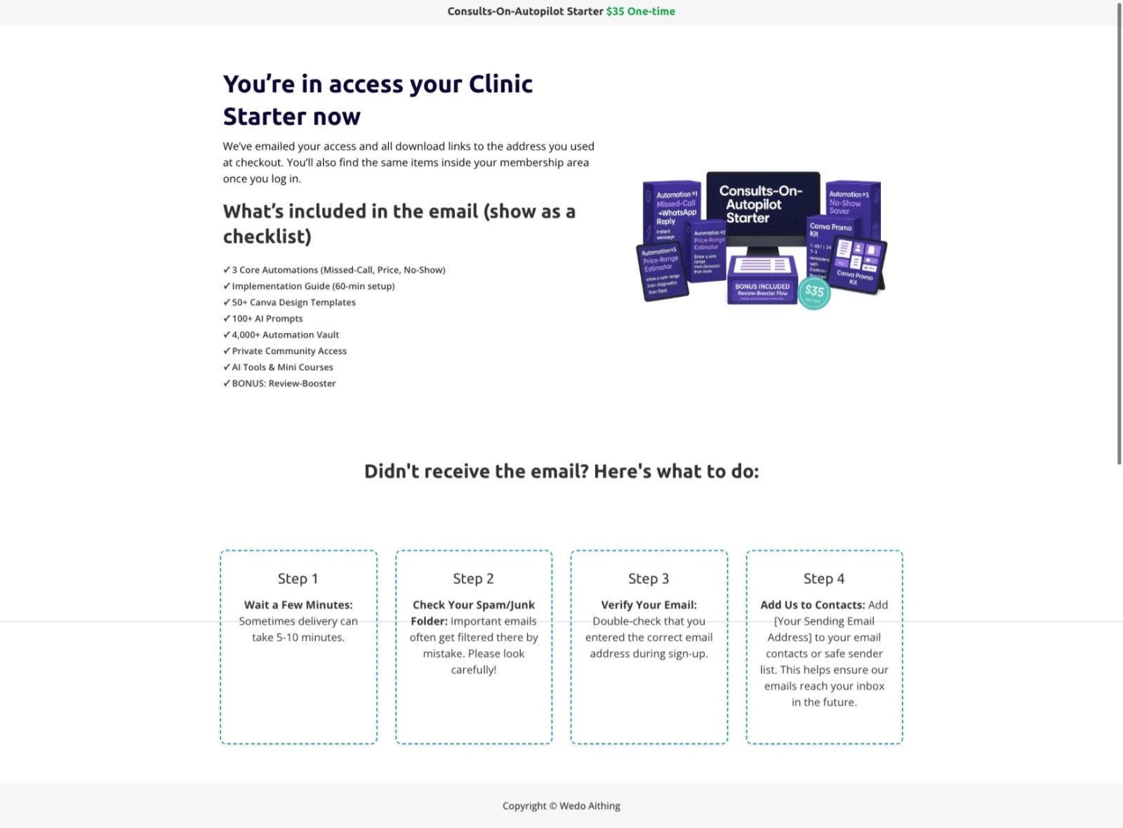 Thank you page showing access confirmation with product mockup and checklist