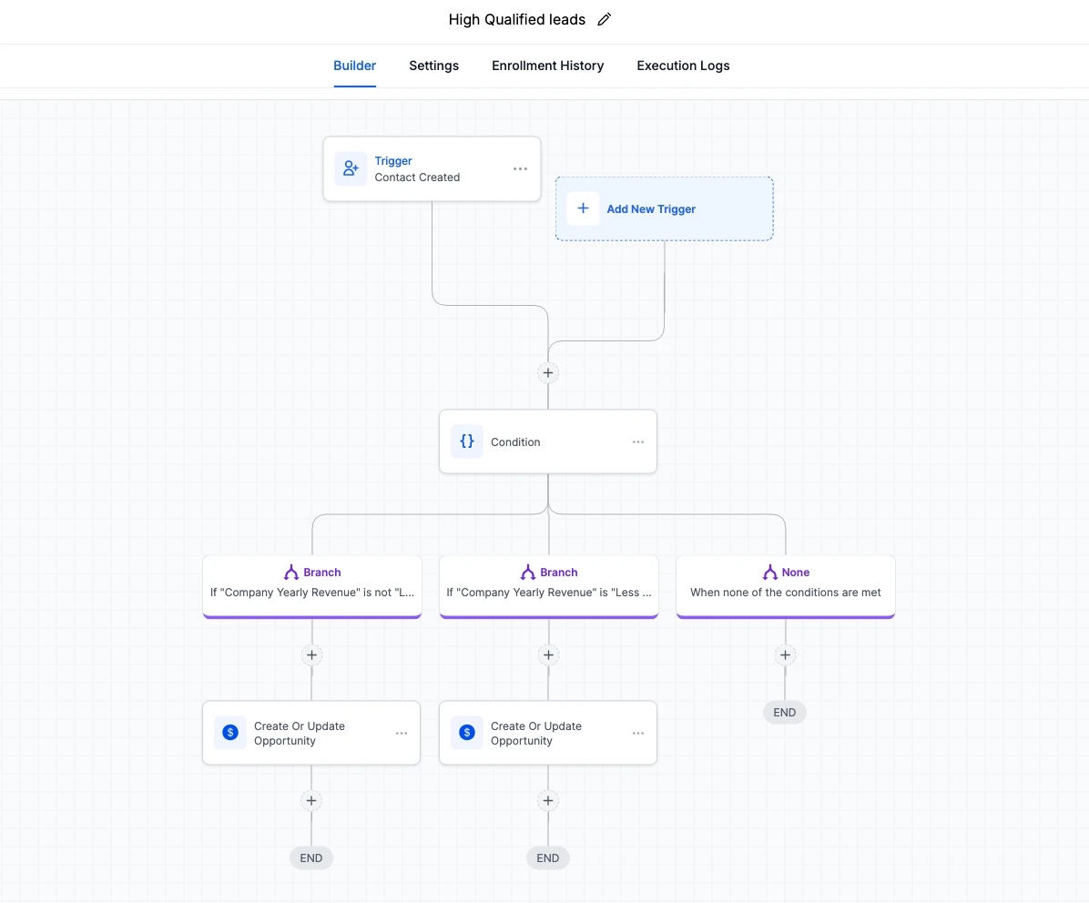 Lead routing workflow with branching conditions based on Company Yearly Revenue