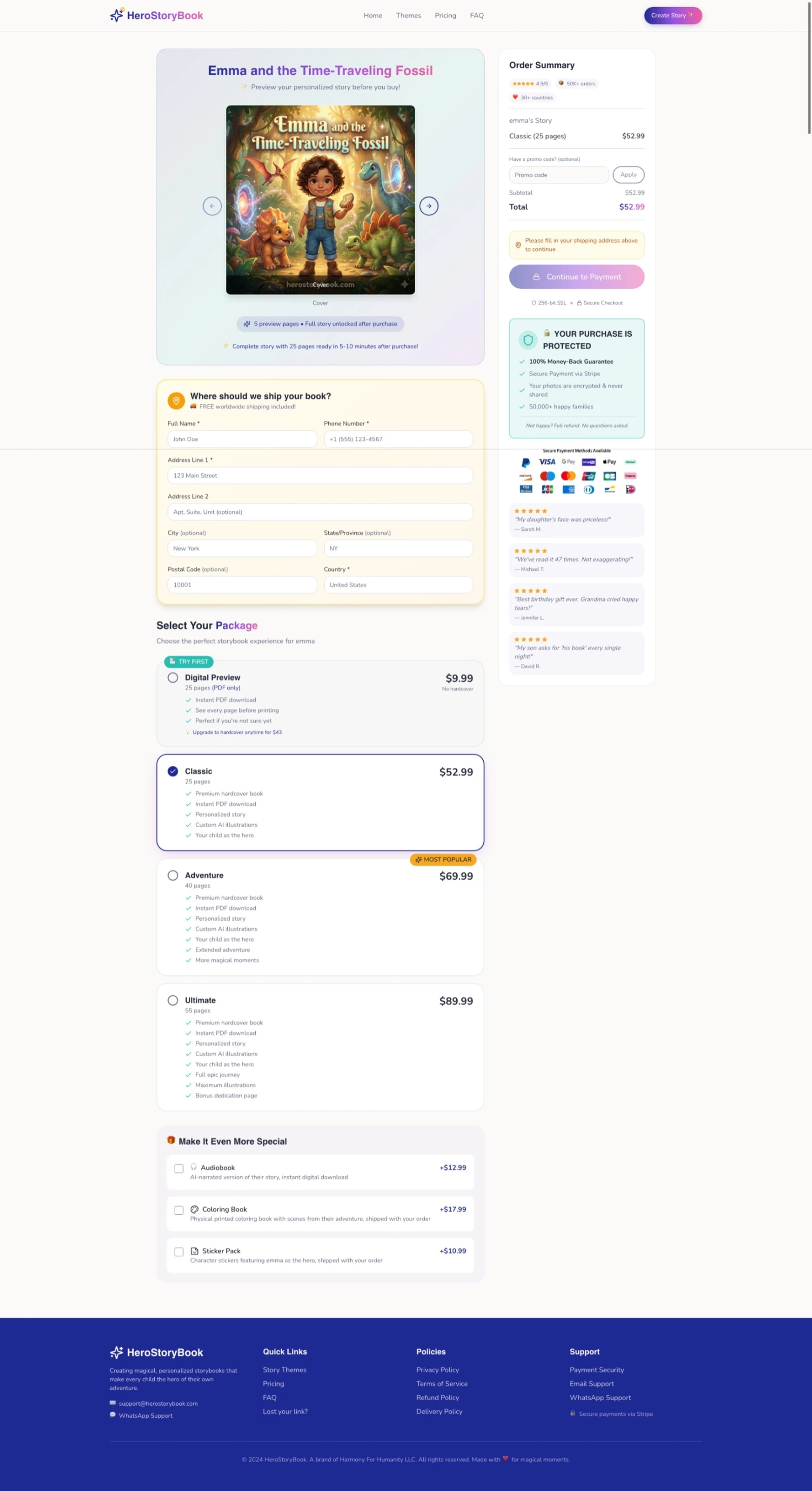 Checkout page with Classic plan selected at $52.99 showing shipping address form with worldwide delivery