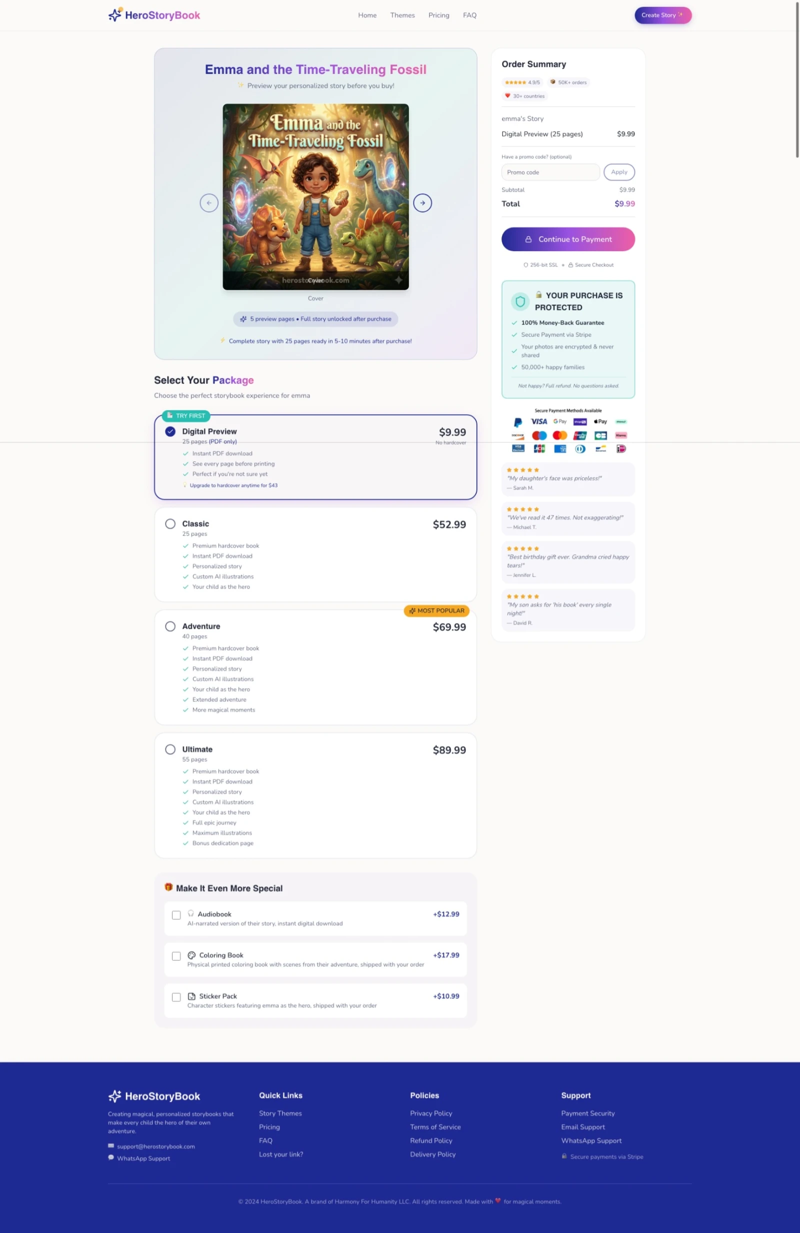 Checkout page showing Digital Preview at $9.99 selected with TRY FIRST badge, book preview carousel, Order Summary sidebar with trust badges and payment methods