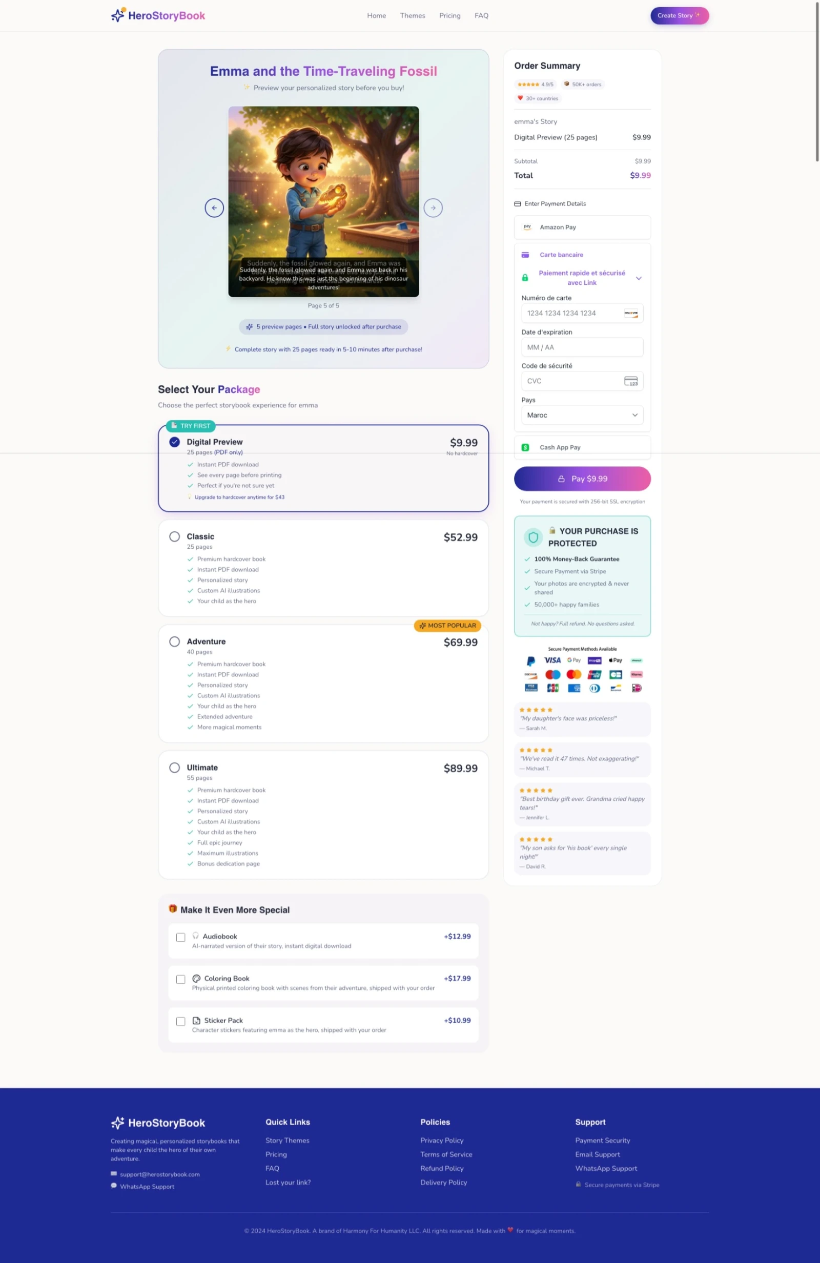 Checkout page showing page 5 of book preview with story text visible and Stripe payment form