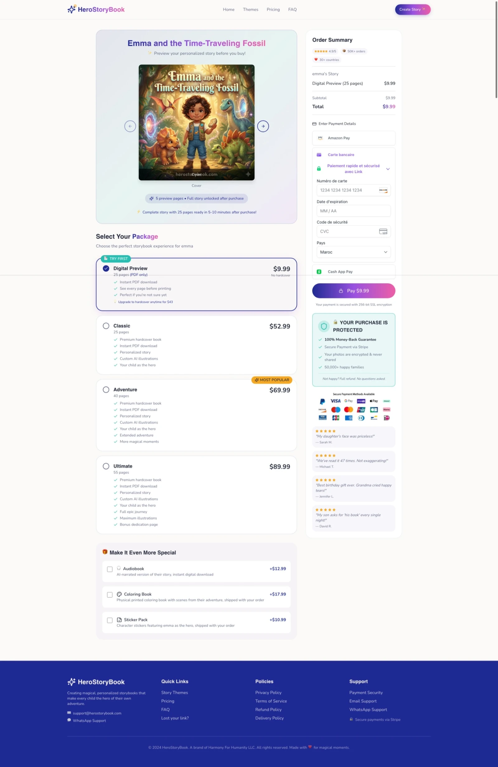 Checkout with Stripe payment form showing Amazon Pay, card payment, and Cash App Pay options with Pay $9.99 button