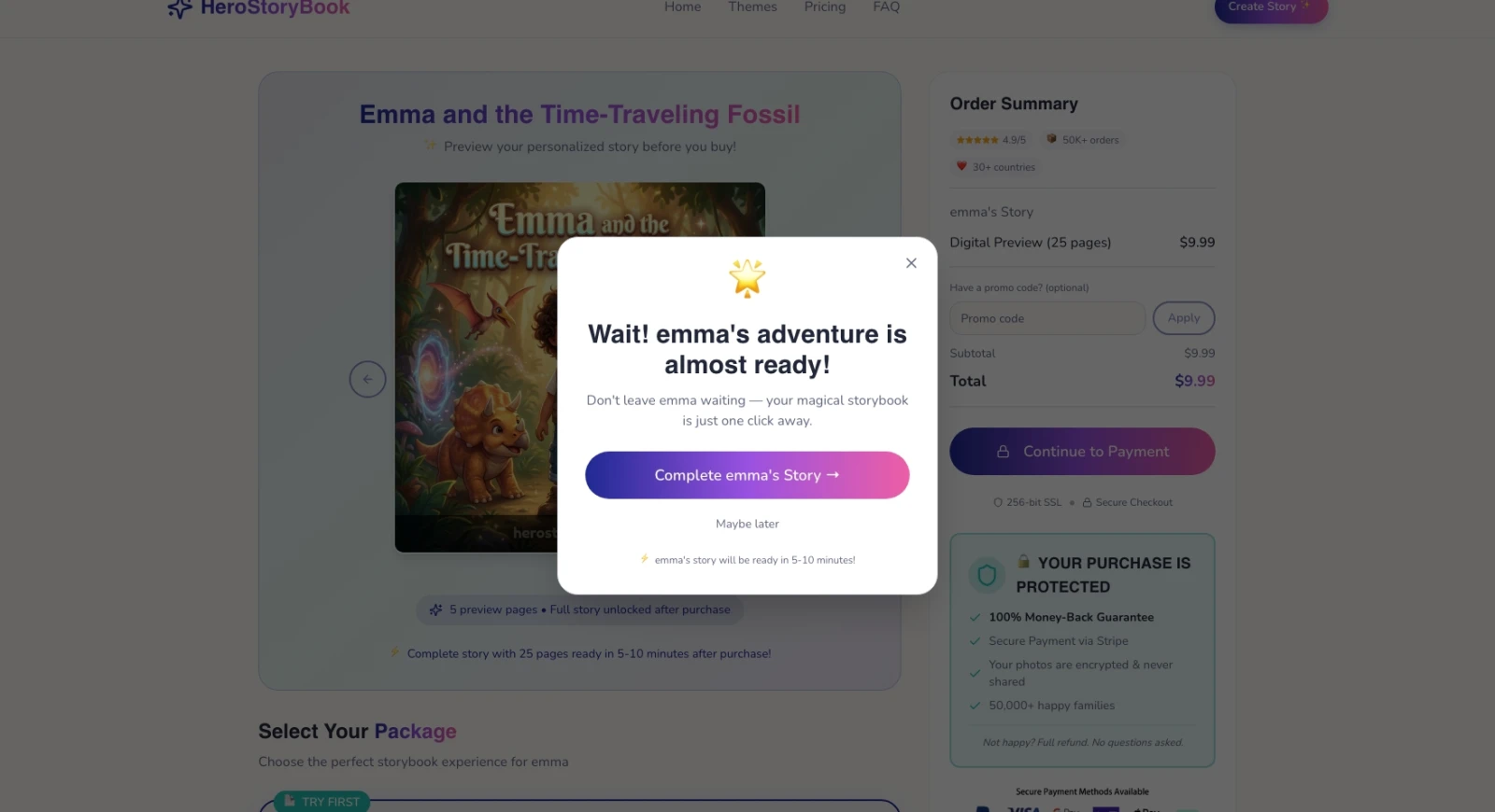 Checkout exit popup: Wait! emma's adventure is almost ready! with Complete Story CTA