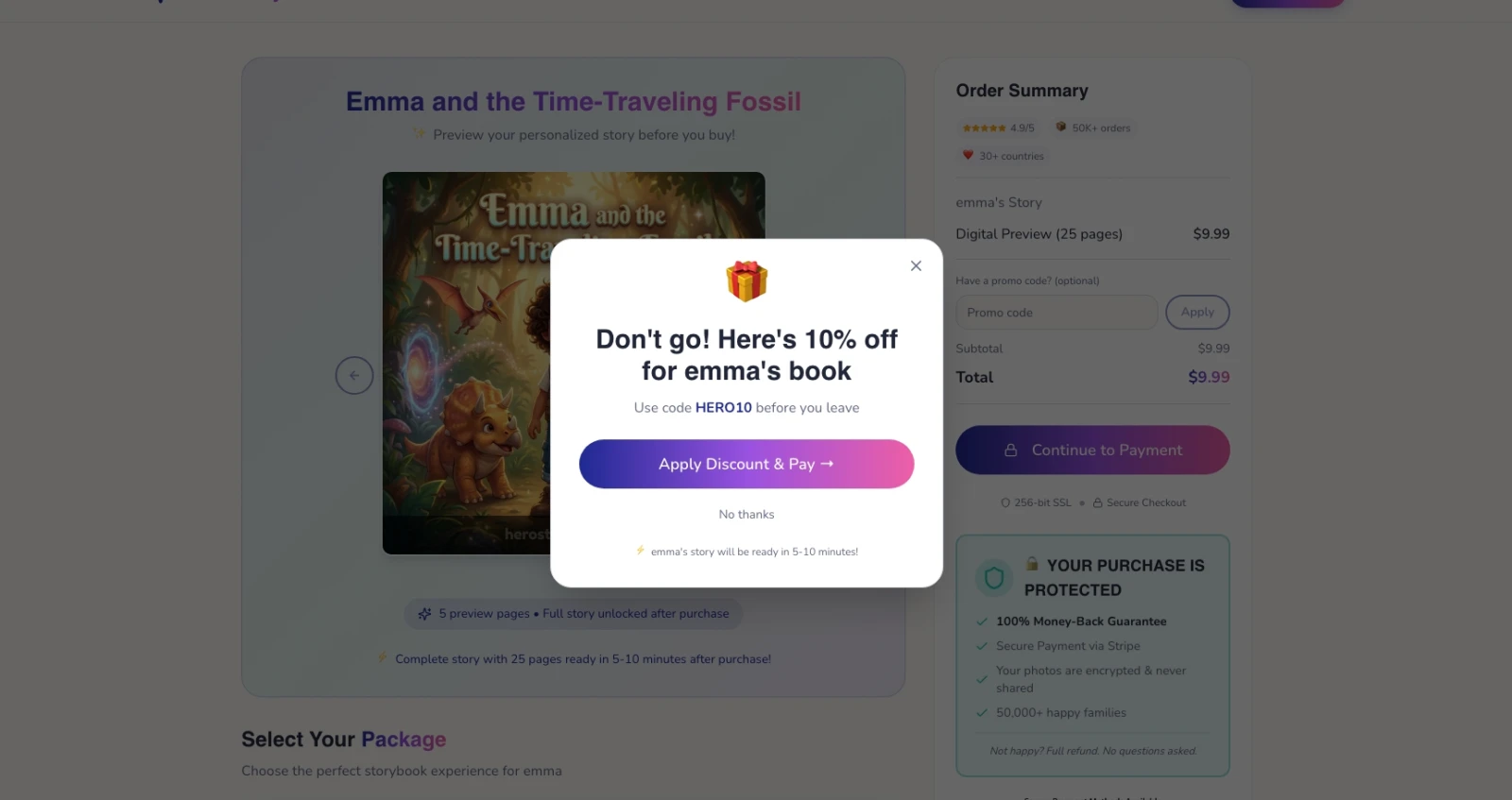 Checkout exit popup: Don't go! Here's 10% off for emma's book with HERO10 code and Apply Discount & Pay CTA