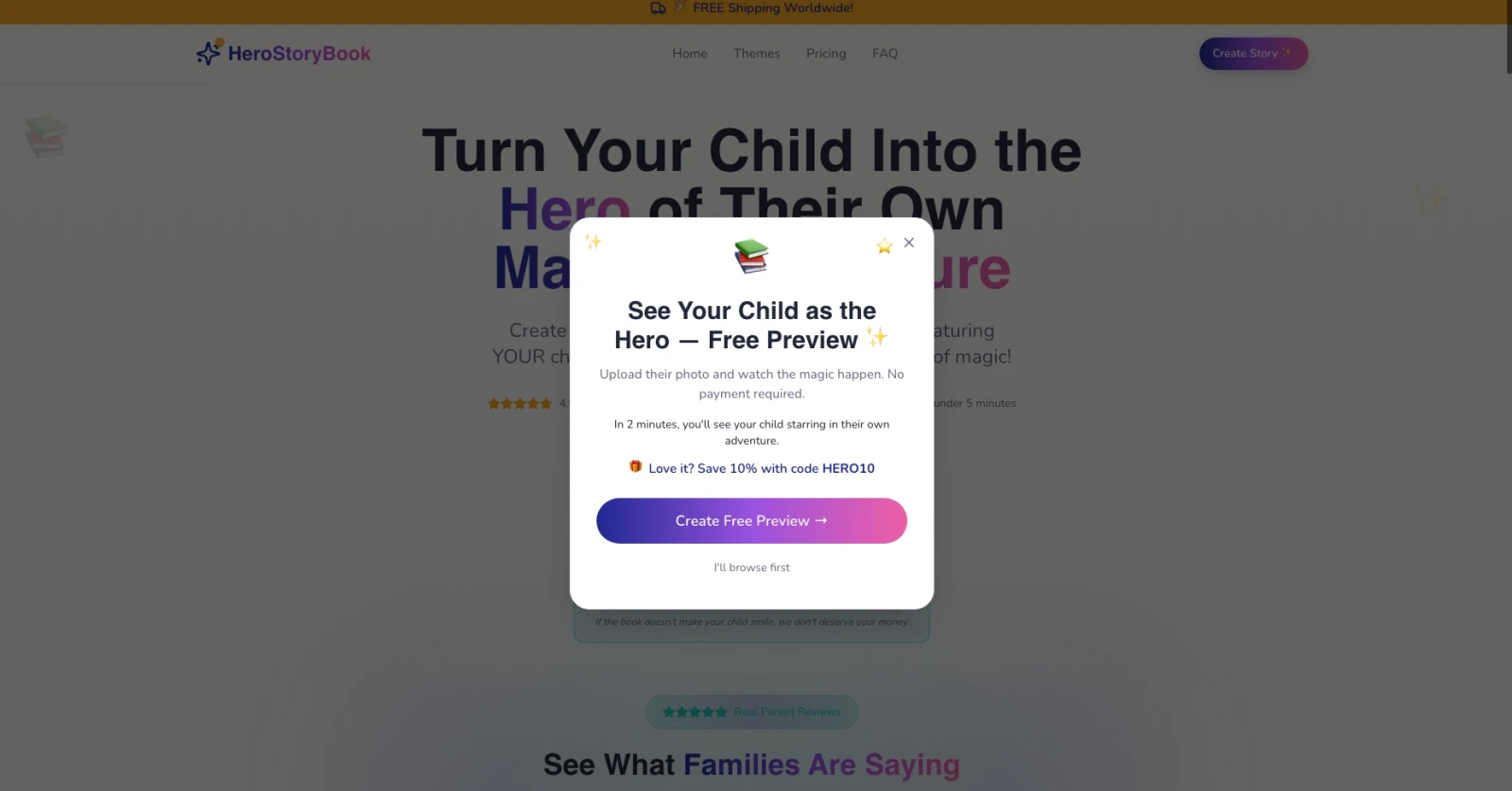 Exit popup titled See Your Child as the Hero (Free Preview) with an upload photo CTA and HERO10 discount code