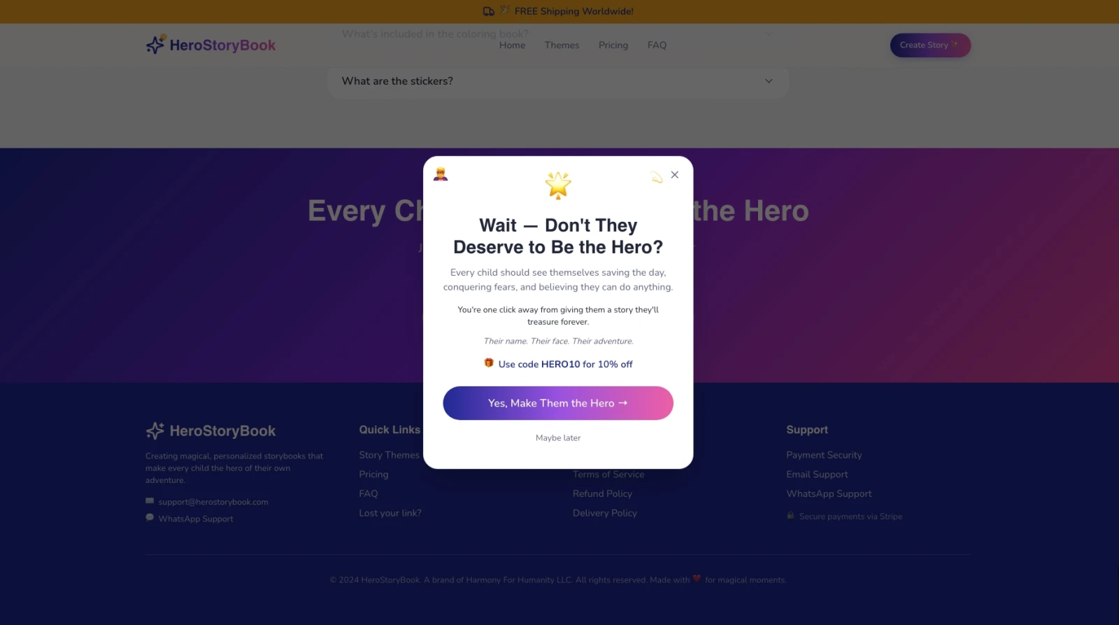 Exit popup titled Wait, Don't They Deserve to Be the Hero? with emotional copy and HERO10 code