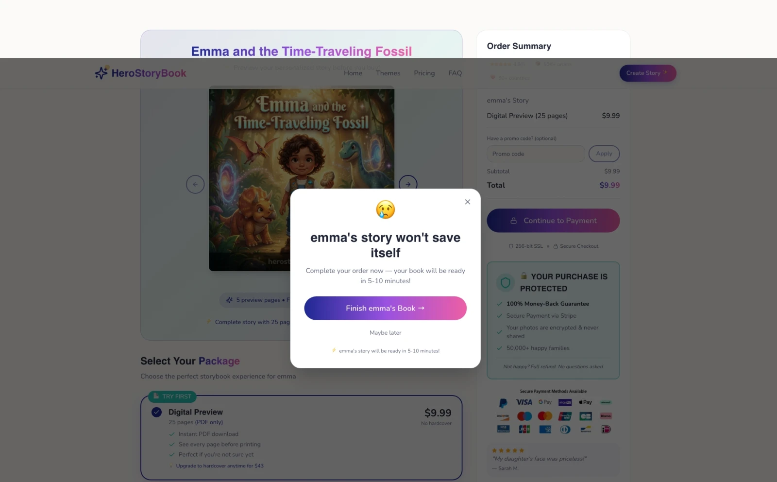 Checkout exit popup: emma's story won't save itself with Finish emma's Book CTA
