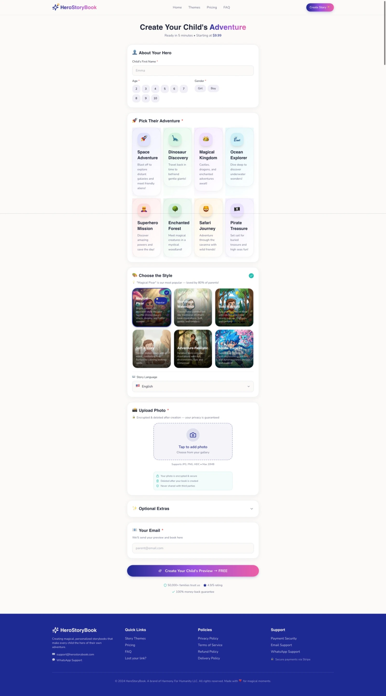 Story creation wizard showing steps: About Your Hero (name, age, gender), Pick Their Adventure (8 themes), Choose the Style (6 illustration styles), Upload Photo, Optional Extras, and Email