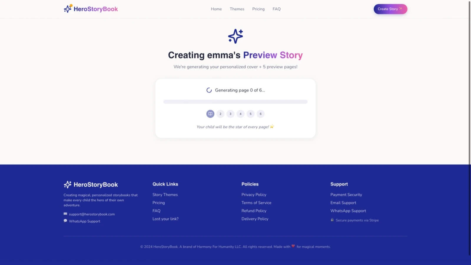 Story generation page showing Creating emma's Preview Story with progress bar and page counter generating 0 of 6 pages