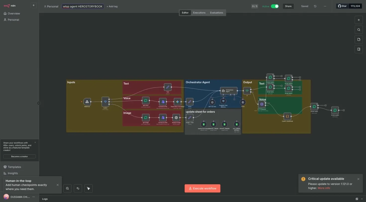 n8n workflow showing WhatsApp AI Agent with Inputs (Text, Voice, Image), Orchestrator Agent with tools, and Outputs (Text, Voice) plus Google Sheets order updates