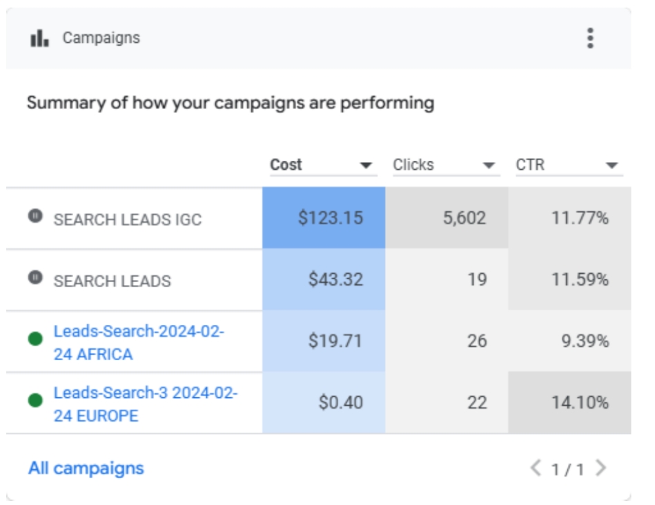 Google Ads campaign breakdown by cost, clicks, and click-through rate across Europe and Africa targeting